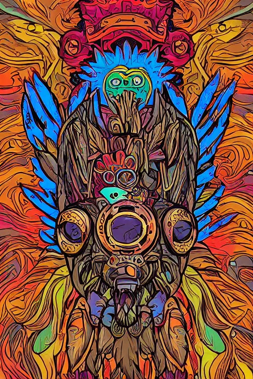 Image similar to animal mask totem roots flower tribal feather gemstone plant wood rock shaman vodoo video game vector cutout illustration vivid multicolor borderlands comics by josan gonzales and dan mumford radiating a glowing aura