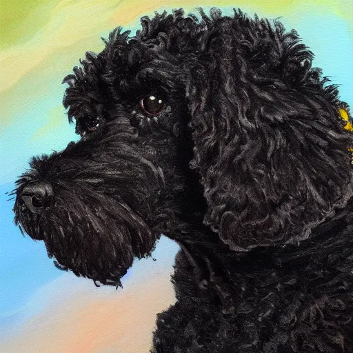 Prompt: a small black labradoodle in space chasing the planet earth. award - winning. oil painting. funny. profile view.