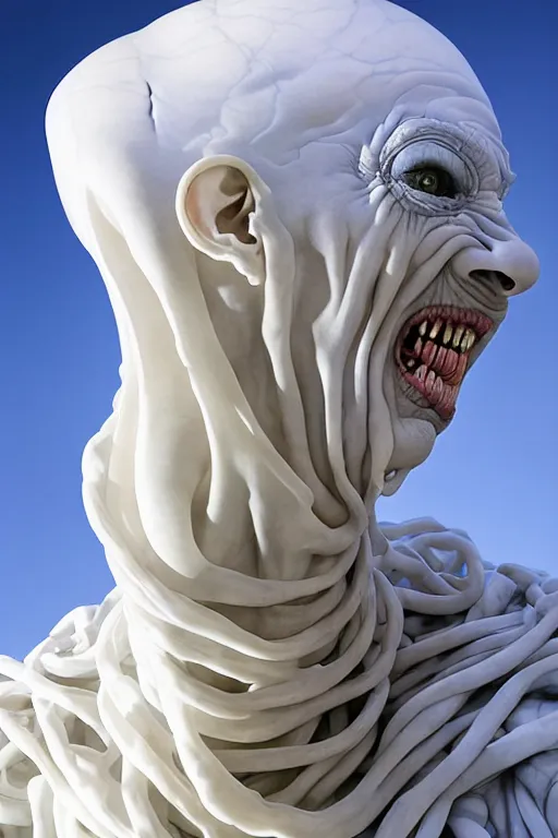 Image similar to Epic view of intricate Veiled Clown with twisted neck statue sculpted on white marble by Antonio Corradini, Wayne Barlowe and Artem Demura