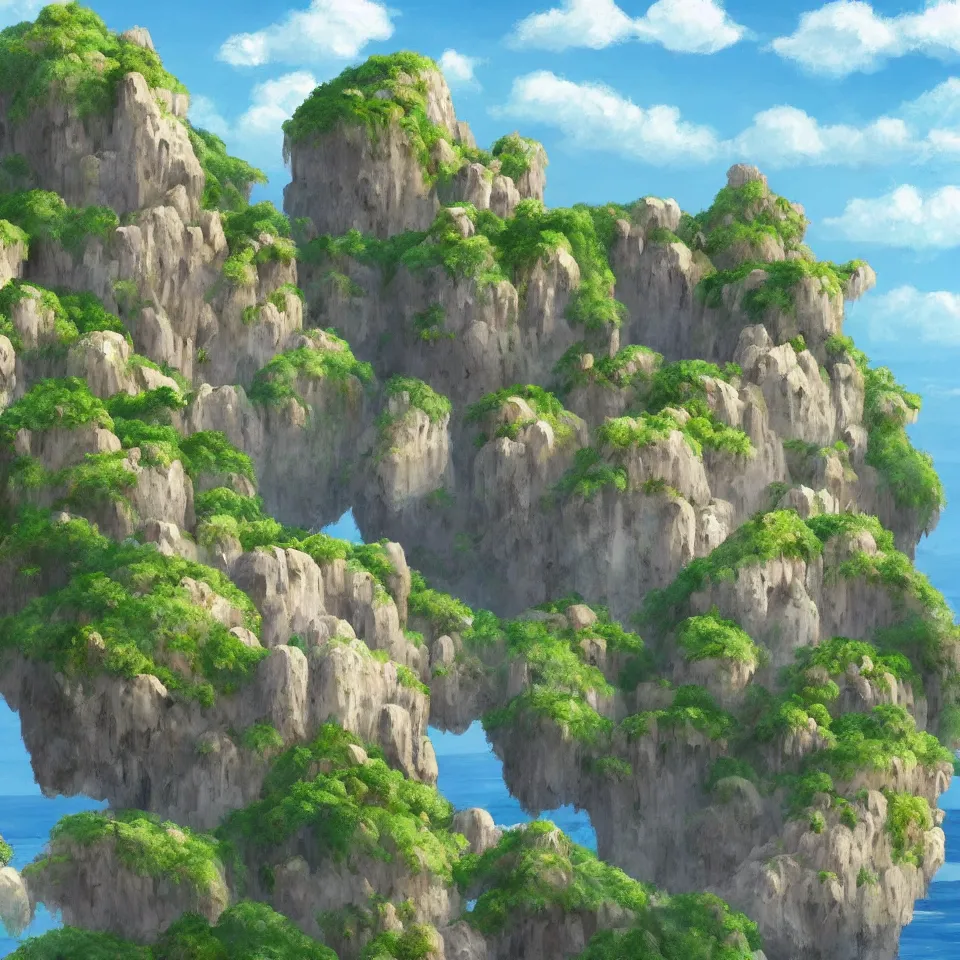 Prompt: an island floating in the air, the island is rocky and bare with some vegetation, waterfalls left from the island flowing into the sea, highly detailed, animated, lovely, dreamy, morandi colour scheme, strong light and shadow atmosphere, painted by Ghibli