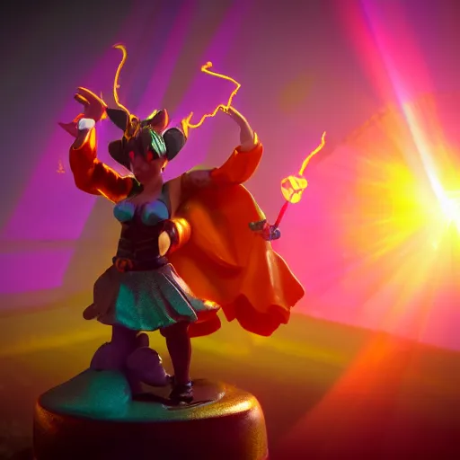 Image similar to cute pvc figure of a powerful sorceress bringing the power of the sun down on her foes, lens flare, chromatic aberration, motion blur