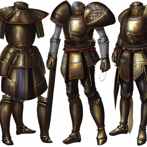 Prompt: armor concept medieval European with subtle Japanese hints made of steel and leather, concept art, armor