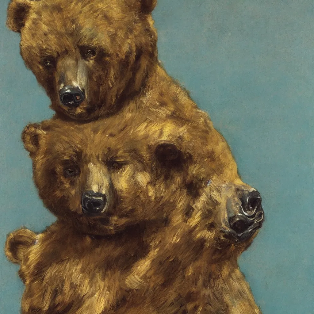 Image similar to high quality high detail painting by lucian freud, jenny savile, ilya repin and john singer sargent, bear, turquoise, hd