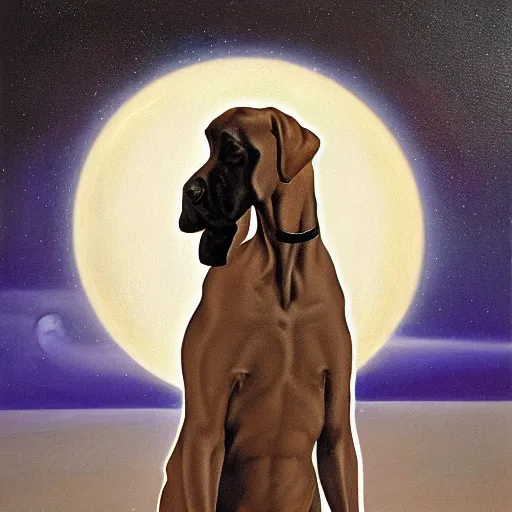Prompt: the illuminated mystic Great Dane, wearing sunglasses, softly lit from behind, like a Catholic saint portrait, full moon night in the desert, award winning, Portrait by Paul Bonner, oil on canvas
