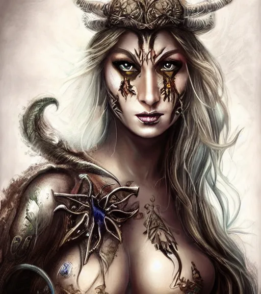 Image similar to a higly detailed airbrush full body shot and face portrait painting of a stunning female sorceress with piercing eyes beautiful eyes, dynamic lighting, ambient lighting, deviantart, art by simon bisley