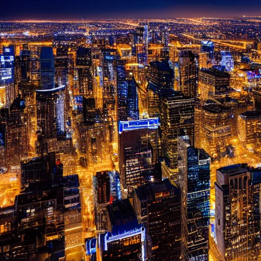 Image similar to nighttime cityscape photo shot from helicopter ultradetailed 8 k