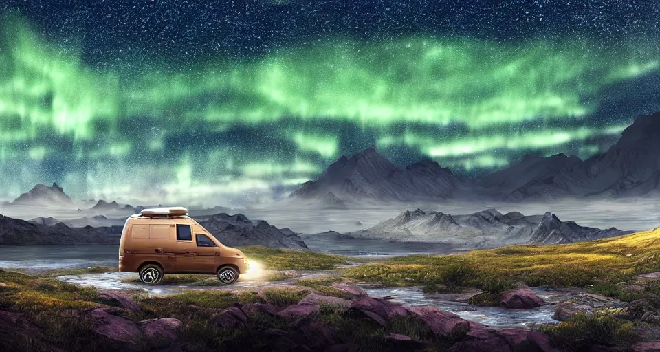 Image similar to An epic fantasy style landscape painting of a Mountainrange and a lake, with a starry sky and milkyway and breathtaking aurora and a beige Volkswagen Caddy Campervan 4x4, a glacier can be seen in the distance, unreal 5, DAZ, hyperrealistic, octane render, volumetric clouds dynamic lighting