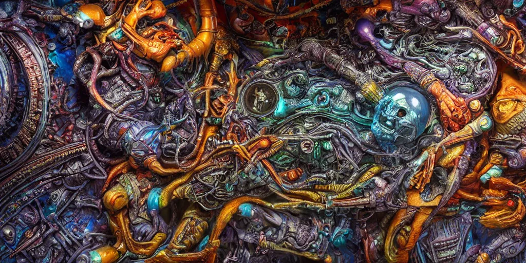 Image similar to dreamscape, giger, vivid colors, colorful, anatomical, highly detailed sculpture, intricate detailed, ommatidia, 8 k, cinematic atmosphere, post - processing