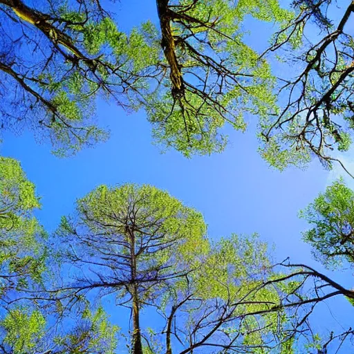 Prompt: looking up into the tree canopy seeing the blue sky