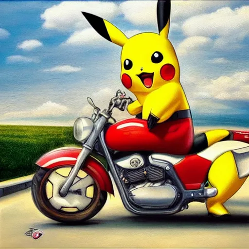 Image similar to pikachu riding motorcycle, nestor canavarro hyperrealist art style, sharp brushstrokes