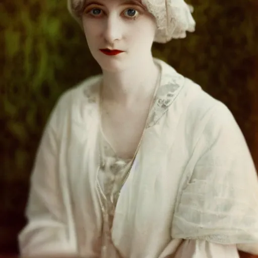 Image similar to close photo portrait of a pale skin woman wearing 1 9 2 0'clothes, long hook nose, colorized