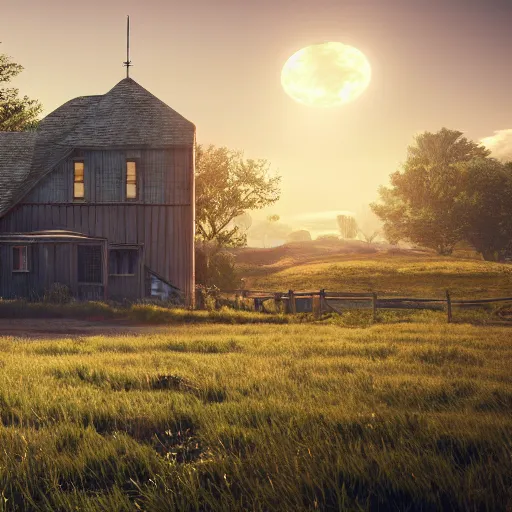Image similar to country farm in the future, the image is like beautiful dream, 4k post-processing highly detailed, art station, unreal engine + cinematography by Wes Anderson, Wide angle shot, futuristic, volumetric light, Fuji film, intricate detail, hyperreal, hyperrealistic, 4K, Octane render, unreal engine cinematic, sublime atmosphere,