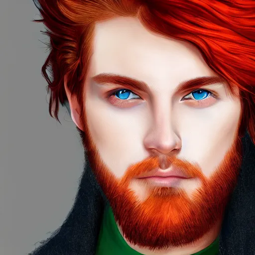 Prompt: professional digital art of a man with natural red hair and green eyes, popular, attractive, high quality, highly detailed, hd, 4 k, 8 k,