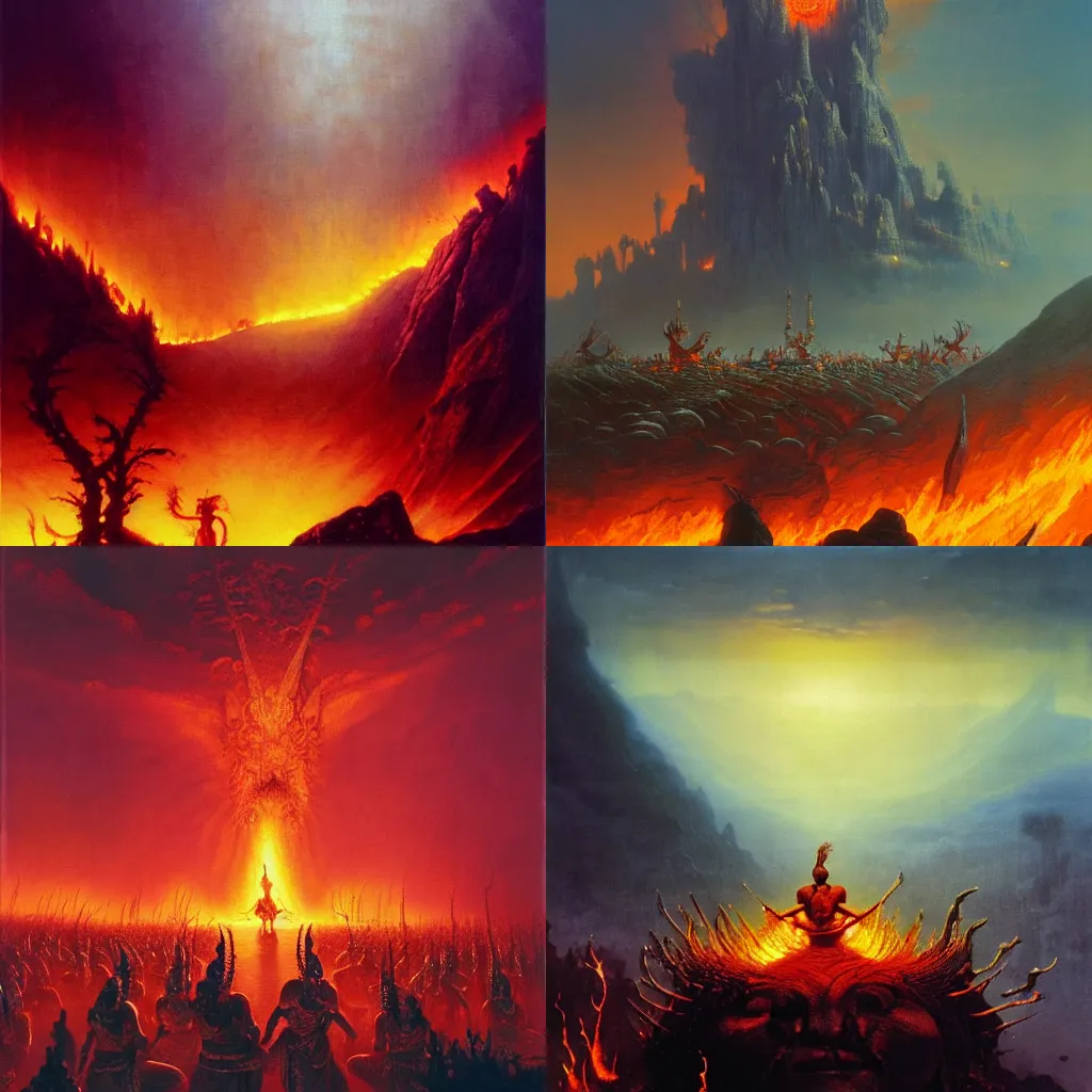 Prompt: An epic dramatic scene from Ramayan, Ravan's Lanka on fire, by Bruce Pennington, by Wayne Barlowe, by Greg Rutkowski, oil on canvas, masterpiece, detailed, dynamic, cinematic composition, beautiful lighting, view from ground, trending on artstation, top on pixiv, 8K, no frames,