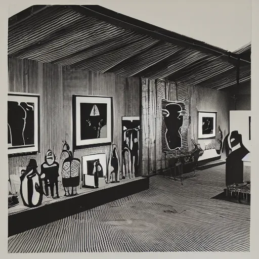 Image similar to A black and white screen print of gallery exhibition view from the 60s, anthropology, colonial, wild, exotic, masks, ethnography, screen printing