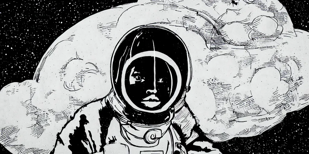 Prompt: etching portrait of a woman wearing a space helmet, scifi, big clouds visible in the background, stars in the sky, high contrast, deep black tones