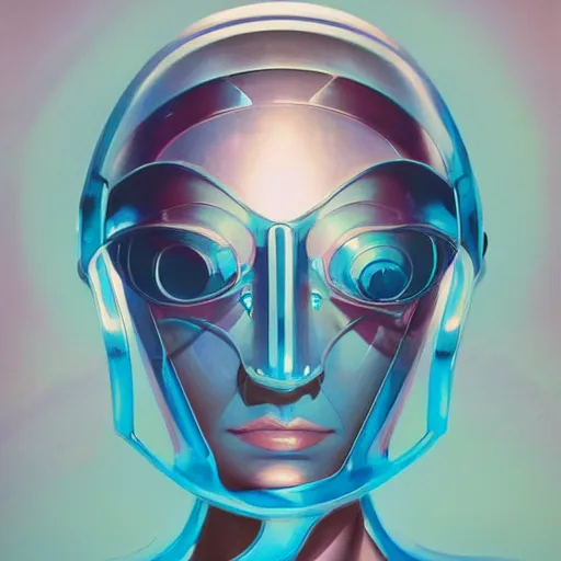 Image similar to scifi futurism automaton minimalism chrome by peter mohrbacher art Hajime Sorayama airbrush hyperrealism model abstract shatter fragments cubism futurism pastel blue soft flat minimal minimalism portrait face jackson pollock ukiyo-e lithograph mark ruthko swirl escape noise shimmer glow paint