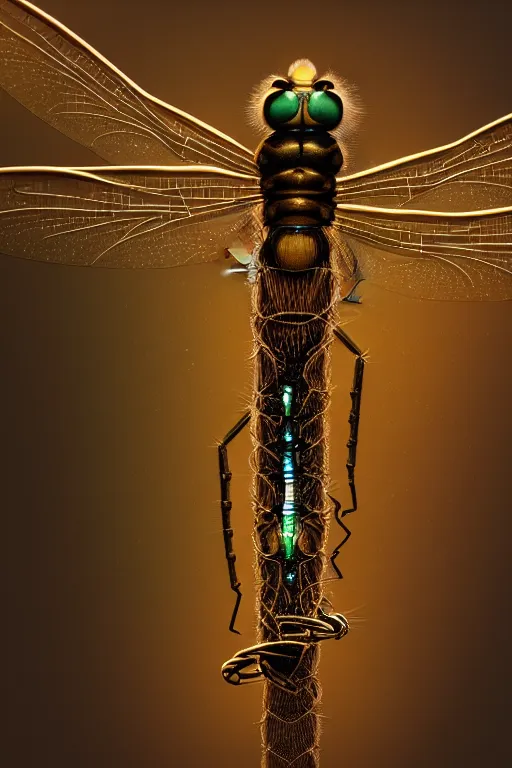 Image similar to a macro photo of a dragonfly made from cables and bio - organic micro organisms and metal parts and led, beautifully lit, by tomasz alen kopera and peter mohrbacher and craig mullins, 3 d, trending on artstation, octane render, 8 k