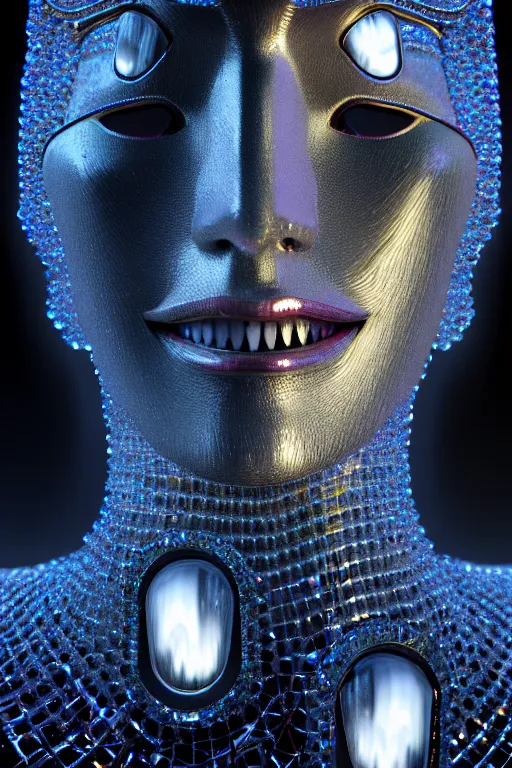 Image similar to hyperrealism, dreamland of chinese, halfturn portrait of a big crystal face made of crystals half - turn, cyberpunk, sss material, ominous, slender and densely arranged teeth, futuristic, art deco, expressive, dystopian, ominous, intricate, oc rendered, concept art, photorealistic, unreal engine render