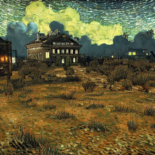 Image similar to resident evil 8 environment in the style of van gogh
