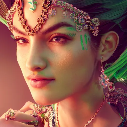 Image similar to photograph of wonderful princess with smooth fair skin, green jewelry, breathtaking, elegant, ornate, intricate, hyper detailed, accent lighting, dramatic light, 4 k octane render