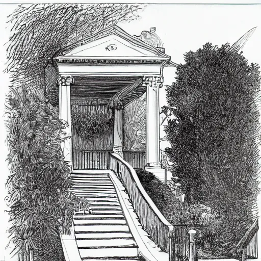 Image similar to old white house small stairs into lush garden, drawing moebius