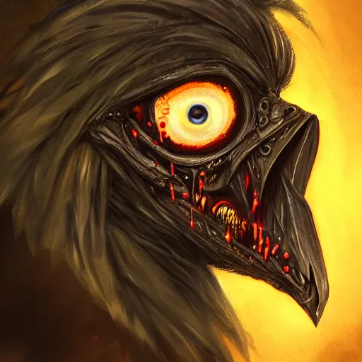 Prompt: A portrait of an undead zombie crow, UHD, 4K, Tyler Jacobson, fantasy, DnD, magical particles, magical, digital art