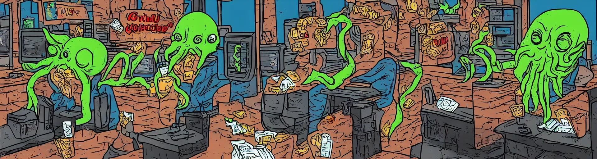 Image similar to Cthulhu working at McDonalds because he lost all of his money leverage trading bitcoin, mike judge art style, 90s mtv illustration