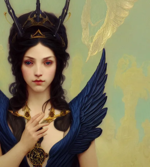 Image similar to god of death, young male, in the underworld, elegant dark blue dress, very detailed, throne, very intricate details, jewelry, gold eyeshadow, elaborate long black hairstyle, wings, cinematic, artstation, william bouguereau, alphonse mucha, greg rutkowski, rossdraws, octane render