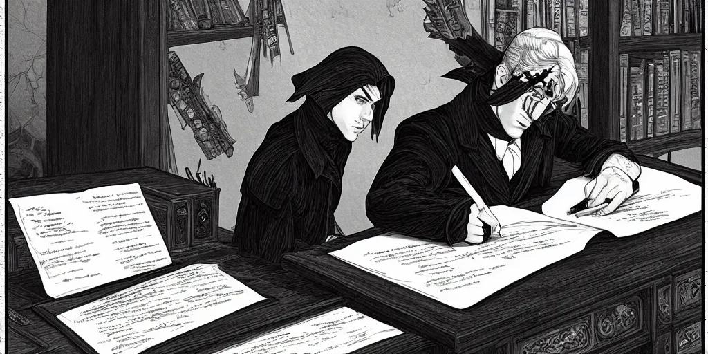 Prompt: a scholarly raven is seen writing at his desk. character sheet, character design, contrast, deep focus, turnaround, highly detailed, dramatic lighting, digital painting, artstation, concept art, matte, sharp focus, illustration, elegant, art by artgerm and greg f and alphonse mucha. photo like 1 9 9 4 public access music video.