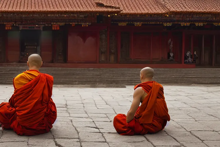 Prompt: cinematography of Buddhist monk meditating in a temple in Nepal by Emmanuel Lubezki