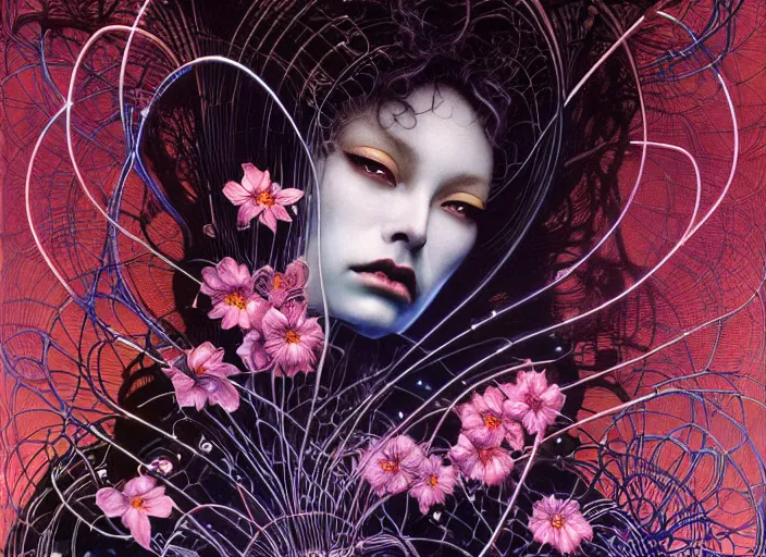 Prompt: dark woman hacker, a lot of flowers and wires on body, by francis bacon, by ayami kojima, by amano, by karol bak, greg hildebrandt, by mark brooks, by alex grey, by zdzisław beksinski, by takato yamamoto, radiant colors, ultra detailed, high resolution, wrapped thermal background