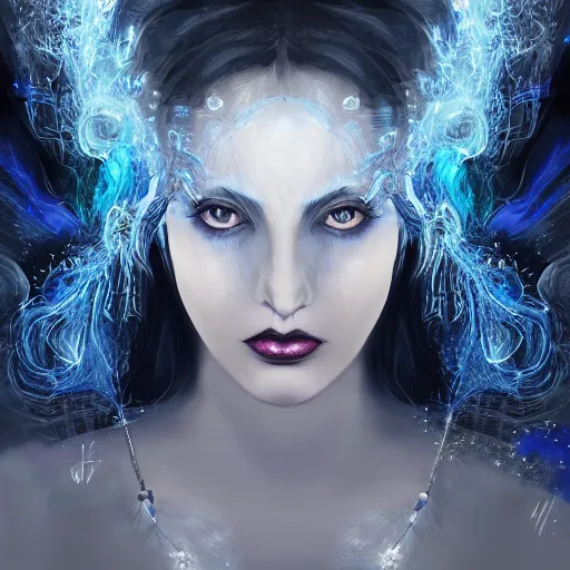 Image similar to masterpiece portrait of an aesthetic elegant mage woman, ice spell, 3 0 years old woman, black dynamic hair, wearing silver diadem with blue gems inlays, silver necklace, painting by joachim bergauer and magali villeneuve, atmospheric effects, chaotic blue sparks dynamics in the background, intricate, artstation, instagram, fantasy