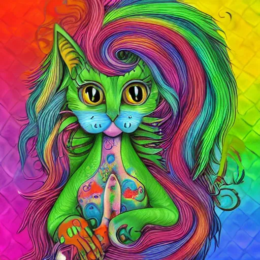 Prompt: cat seahorse shapeshifter, long haired humanoid fursona, detailed painterly digital art by lisa frank and louis wain, furaffinity, trending on deviantart