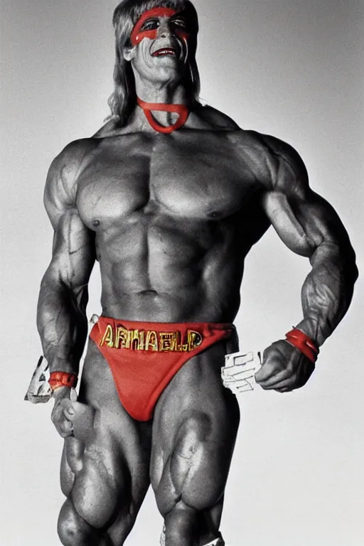 Prompt: arnold schwarzenegger as he - man, full body, symmetrical features, color photo, 1 9 8 5 photograph, kodachrome, aged paper, sergio leone, master prime lenses, cinematic