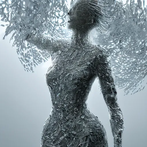 Prompt: a highly detailed ethereal full body digital image of a silver covered elegantly posed futuristic woman beautifully cocooned in chromatic leafy foliage like leaves shot, full body shot, by Andrew Chiampo, artstation, and Frederik Heyman, extremely detailed woman, stunning volumetric lighting, intricate details, hyper realism, fantasy, textured, stylized, 4k,