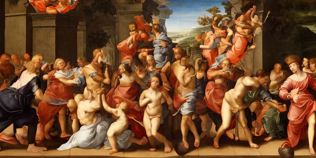 Prompt: renaissance era painting of a food fight