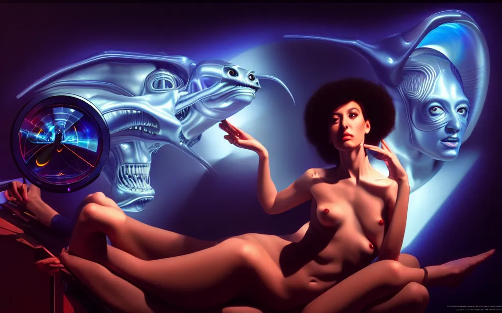 Image similar to Ladies and holograms of alien artifacts, digital displays and holographic projections, projections of , ultrarealistic, dramatic lighting, electrical details, high details, 4k, 8k, best, accurate, trending on artstation, artstation, photorealism, ultrarealistic, digital painting, style of Caravaggio, Boris Vallejo