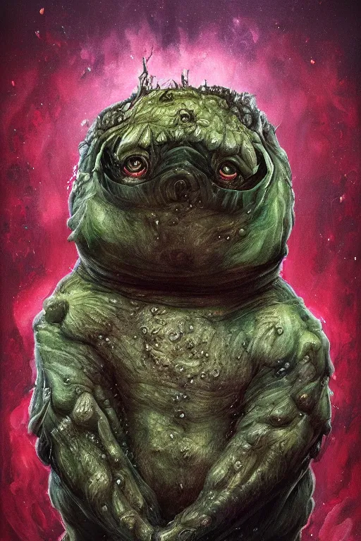 Prompt: oil portrait of a underworld horror tardigrade!!! trying to disguise itself as human, epic, cinematic, elegant, highly detailed, featured on artstation