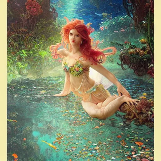 Image similar to portrait of a beautiful fairy woman, submerged underwater filled with colorful small fish and coral reef, fantasy, regal, intricate, by stanley artgerm lau, greg rutkowski, thomas kindkade, alphonse mucha, loish, norman rockwell