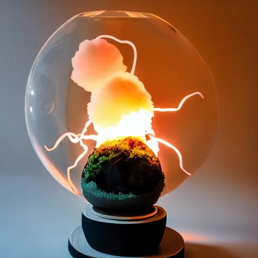 Prompt: a terrarium with nuclear reaction having meltdown, on top of a minimalist table, lit from the side