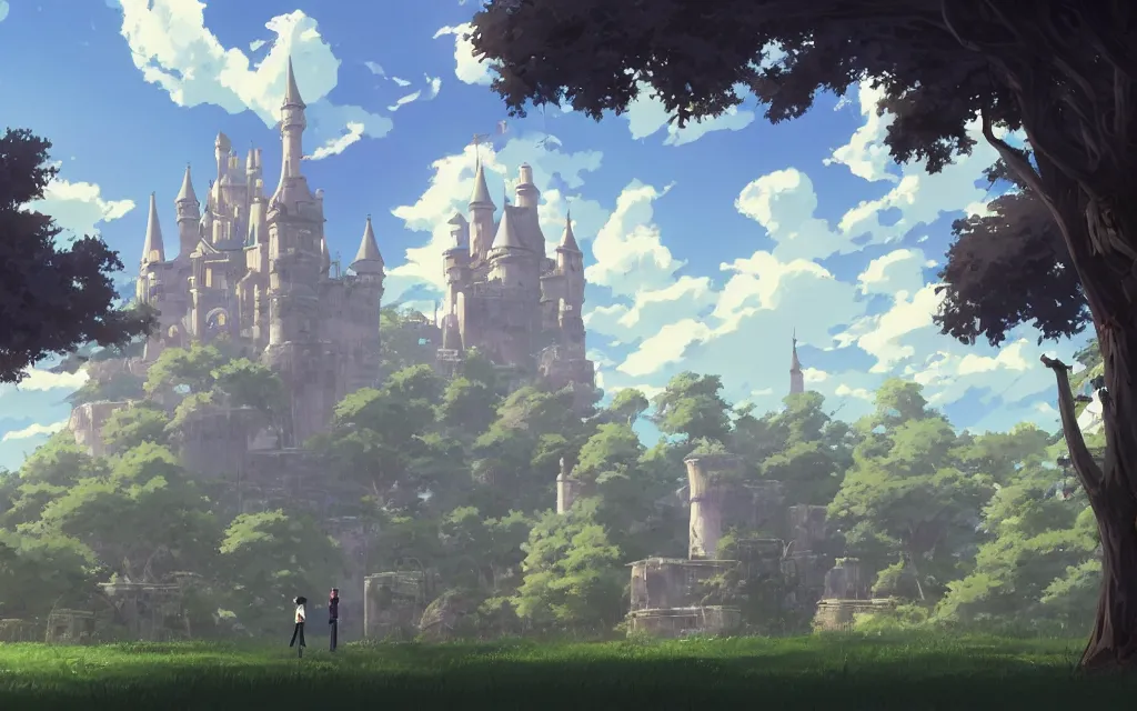 Prompt: a tall, spooky castle looms in the background, and a bright light shines down from the sky. the sound of laughter can be heard in the distance. anime scenery by makoto shinkai.