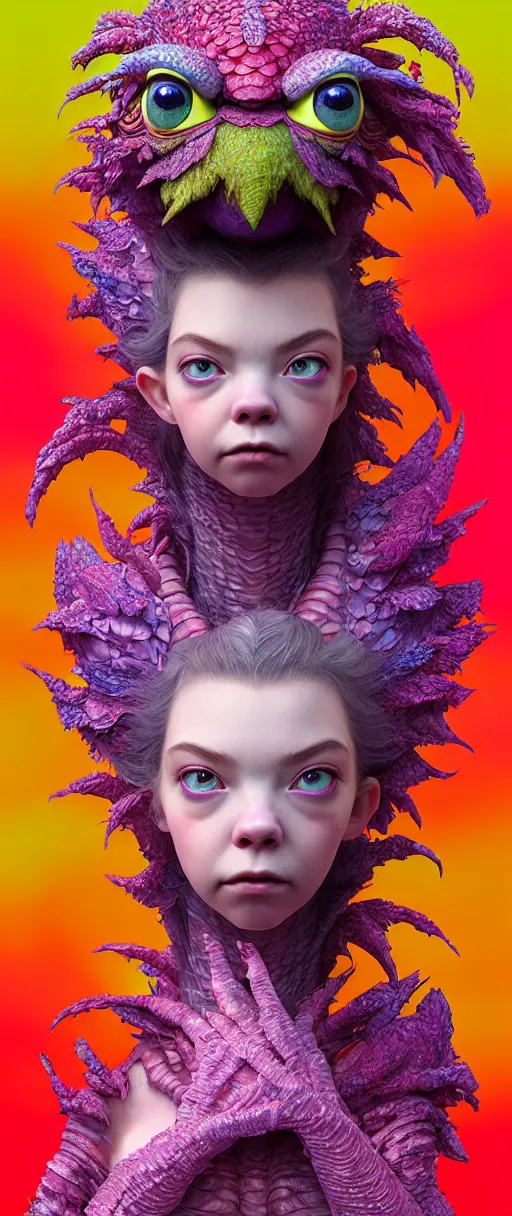 Image similar to hyper detailed 3d render like a Oil painting - kawaii portrait of two Aurora (a beautiful skeksis muppet fae princess protective playful expressive from dark crystal that looks like Anya Taylor-Joy) seen red carpet photoshoot in UVIVF posing in scaly dress to Eat of the Strangling network of yellowcake aerochrome and milky Fruit and His delicate Hands hold of gossamer polyp blossoms bring iridescent fungal flowers whose spores black the foolish stars by Jacek Yerka, Ilya Kuvshinov, Mariusz Lewandowski, Houdini algorithmic generative render, golen ratio, Abstract brush strokes, Masterpiece, Edward Hopper and James Gilleard, Zdzislaw Beksinski, Mark Ryden, Wolfgang Lettl, hints of Yayoi Kasuma and Dr. Seuss, octane render, 8k