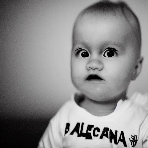 Prompt: the face of punk rock alien at 1 years old wearing balenciaga clothing, black and white portrait by julia cameron, chiaroscuro lighting, shallow depth of field, 8 0 mm, f 1. 8