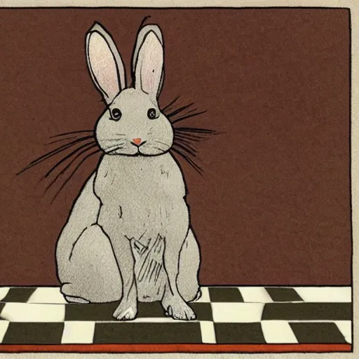 Image similar to a rabbit sitting on a chessboard, in the style of carl larsson