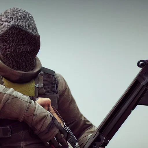 Image similar to bandit with balaclava holding shotgun, dark photo, beautiful details, hdr, octane render