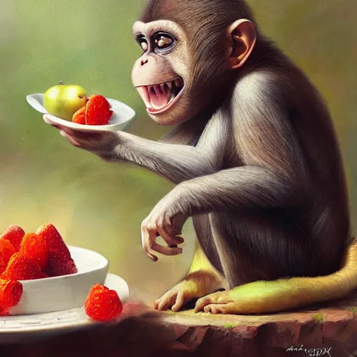 Prompt: a beautiful painting of a happy monkey with a plate full of fruits on top of its head, 4 k, detailed, artstation, 4 k, by greg rutkowski,