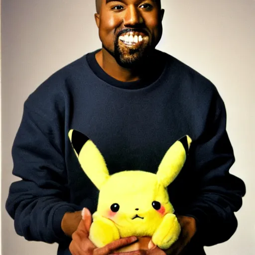 Image similar to kanye west smiling holding pikachu for a 1 9 9 0 s sitcom tv show, studio photograph, portrait c 1 2. 0