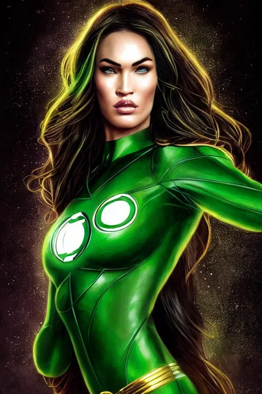 Image similar to majestic and regal portrait of megan fox female green lantern, dc universe, perfect face, beautiful, intricate, epic, elegant, fantasy, highly detailed, digital painting, hard focus, beautiful volumetric lighting, epic light, ultra detailed, by leesha hannigan, ross tran, thierry doizon, kai carpenter, ignacio fernandez rios