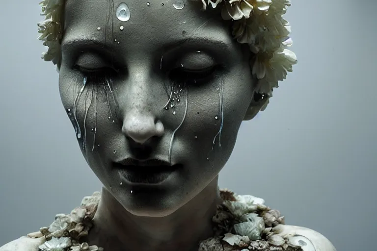 Image similar to a sculpture of a stunningly beautiful woman with flowing tears, fractal flowers on the skin, intricate, a marble sculpture by nicola samori, behance, neo - expressionism, marble sculpture, made of mist, still frame from the prometheus movie by ridley scott with cinematogrophy of christopher doyle, arri alexa, 8 k